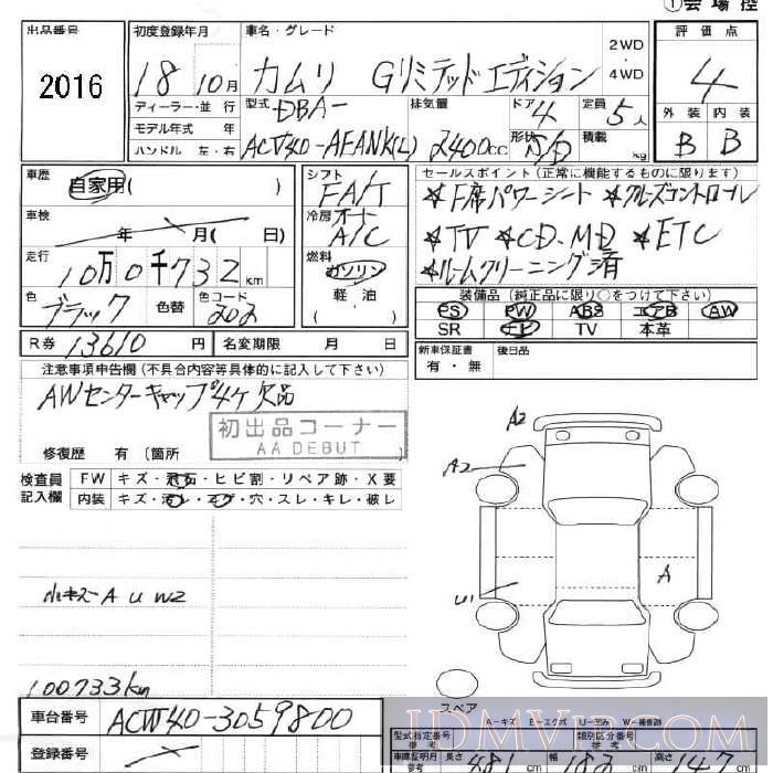 2006 TOYOTA CAMRY GED ACV40 - 2016 - JU Fukushima