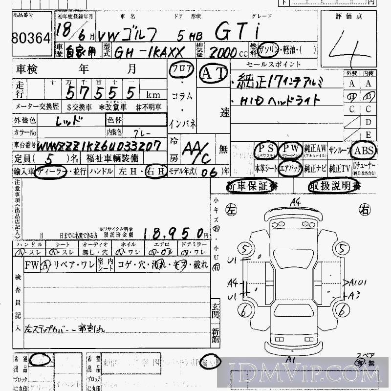 2006 VOLKSWAGEN GOLF GTI 1KAXX - 80364 - HAA Kobe