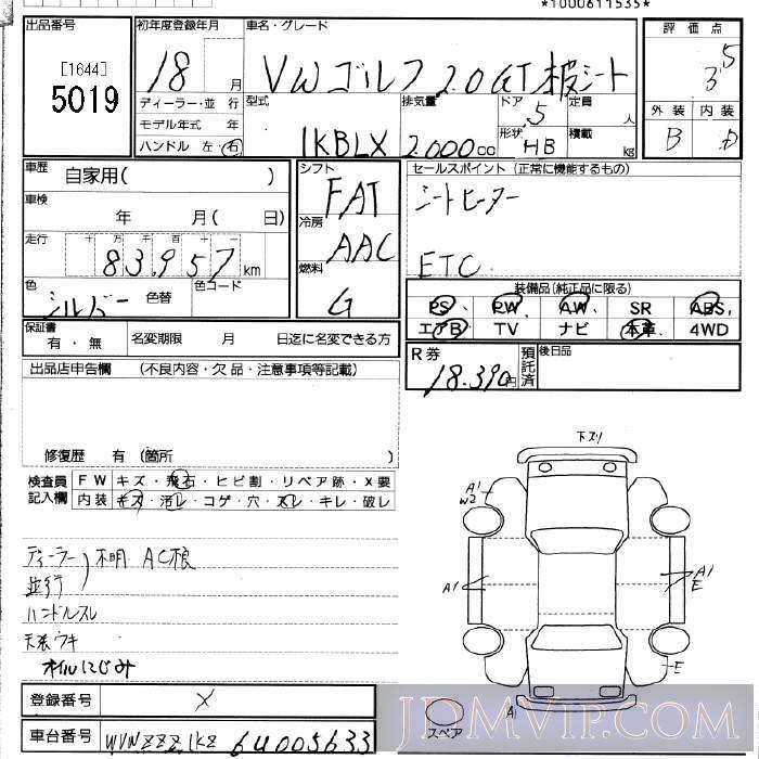 2006 VOLKSWAGEN GOLF GT 1KBLX - 5019 - JU Fukuoka