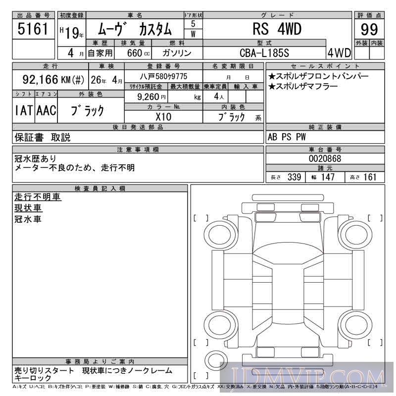 2007 DAIHATSU MOVE RS_4WD L185S - 5161 - CAA Tohoku
