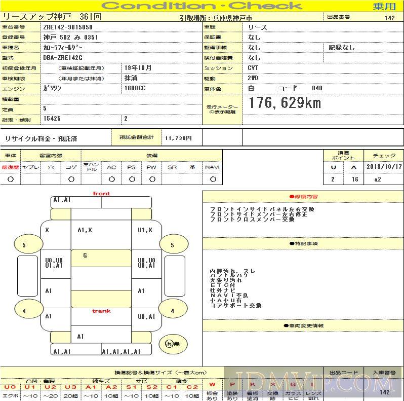 2007 TOYOTA COROLLA FIELDER 1.8S ZRE142G - 142 - SLC Kobe Nyusatsu