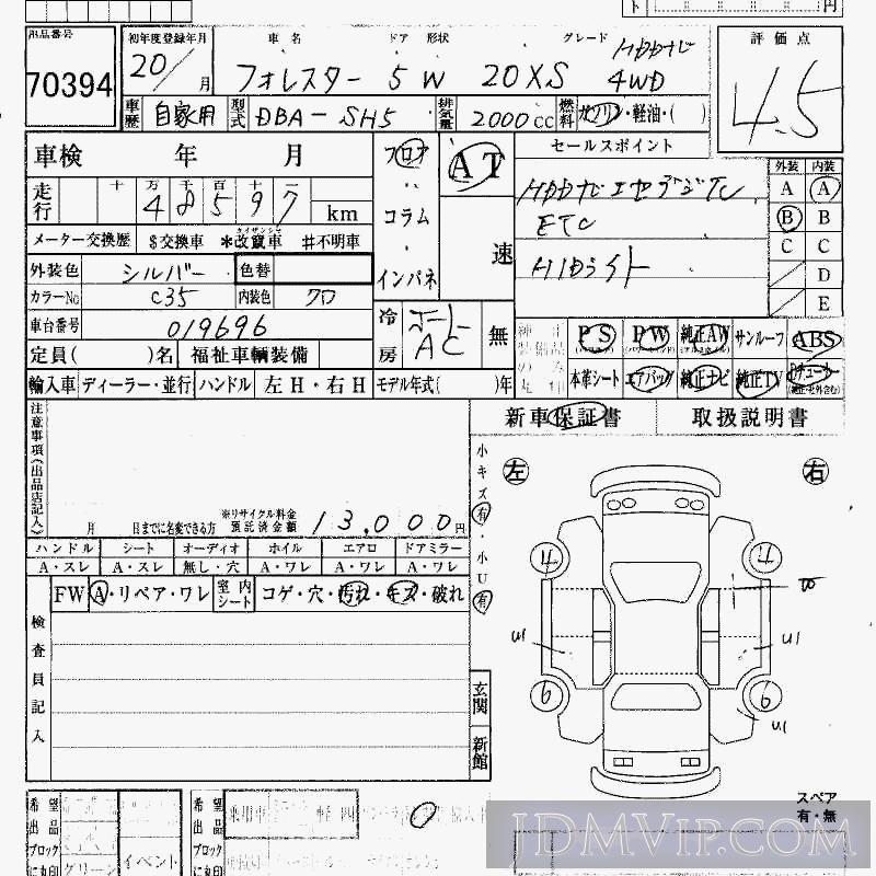 2008 SUBARU FORESTER 4WD_2.0XS_HDD SH5 - 70394 - HAA Kobe