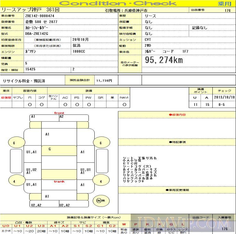 2008 TOYOTA COROLLA FIELDER 1.8S ZRE142G - 176 - SLC Kobe Nyusatsu