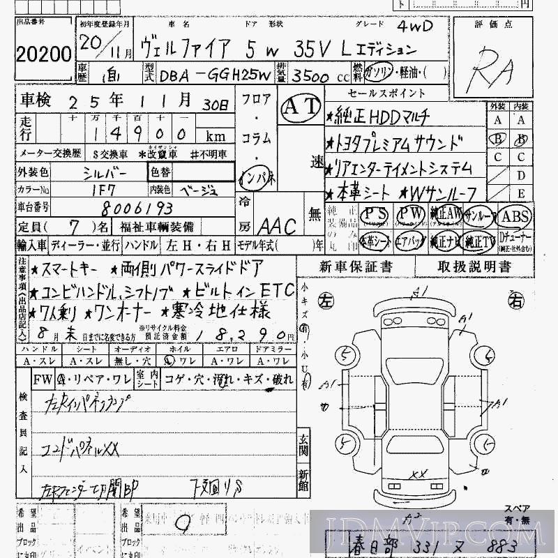 2008 TOYOTA VELLFIRE 4WD_35V_L GGH25W - 20200 - HAA Kobe