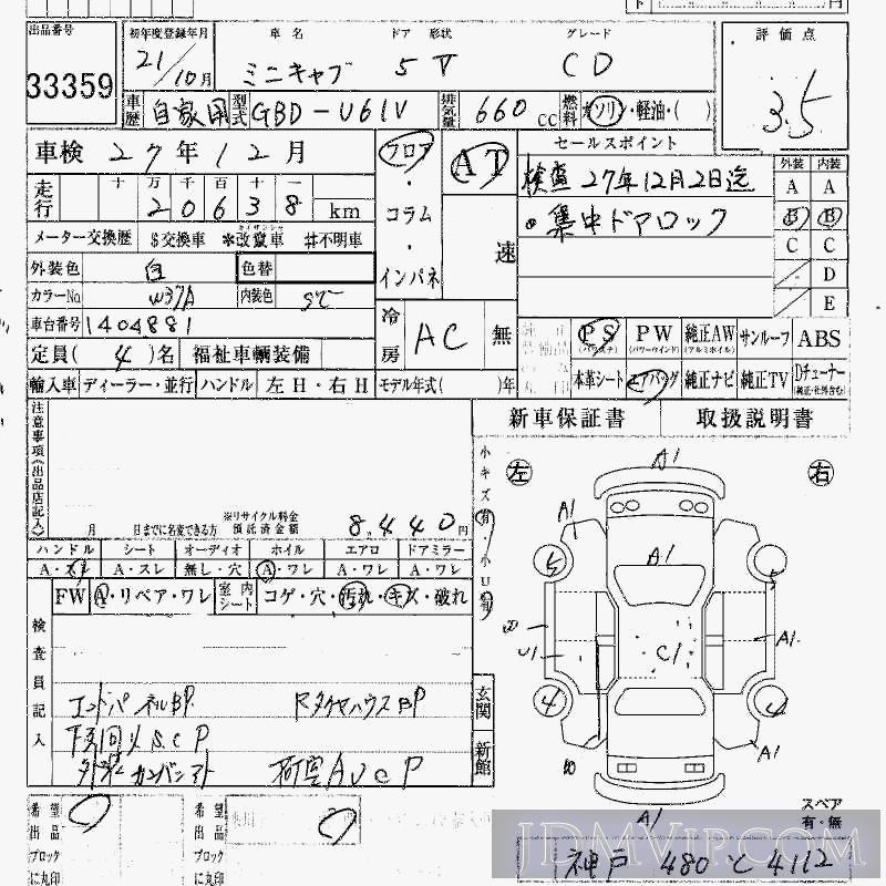 2009 MITSUBISHI MINICAB VAN CD U61V - 33359 - HAA Kobe