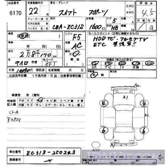 2010 SUZUKI SWIFT  ZC31S - 6170 - JU Hiroshima