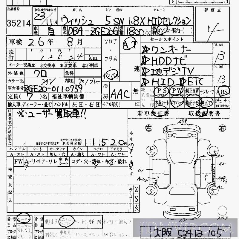 2011 TOYOTA WISH 1.8X_HID ZGE20G - 35214 - HAA Kobe