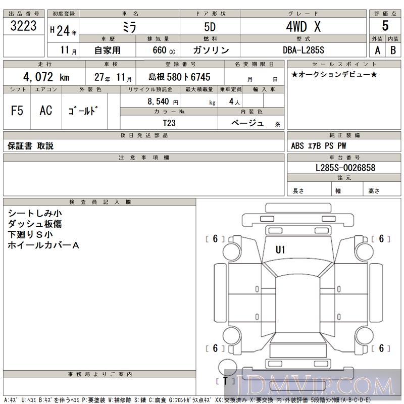 2012 DAIHATSU MIRA 4WD_X L285S - 3223 - TAA Hiroshima