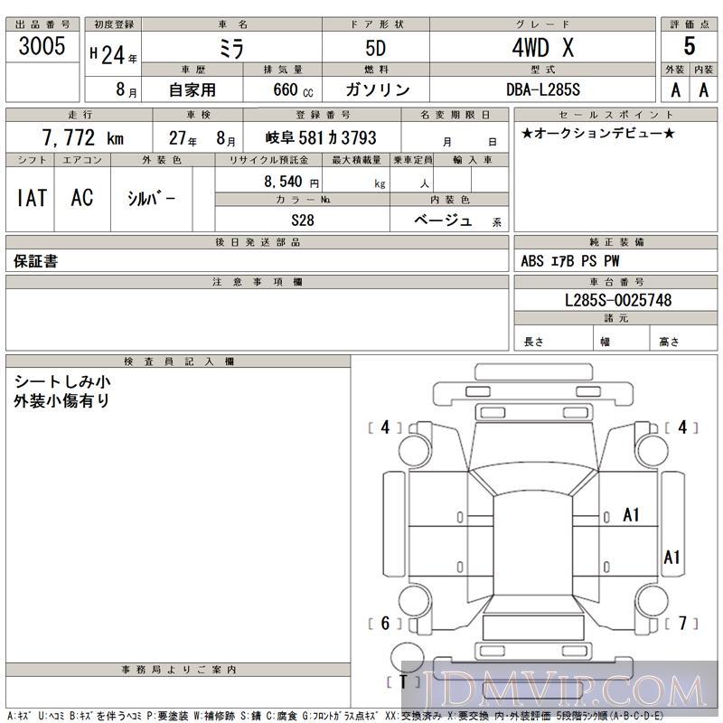 2012 DAIHATSU MIRA 4WD_X L285S - 3005 - TAA Chubu