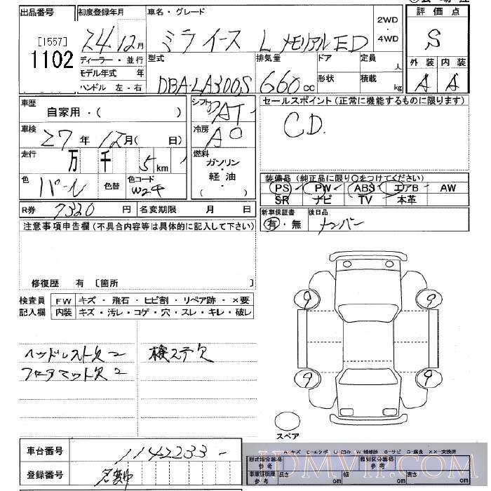2012 DAIHATSU MIRA E:S L LA300S - 1102 - JU Tochigi