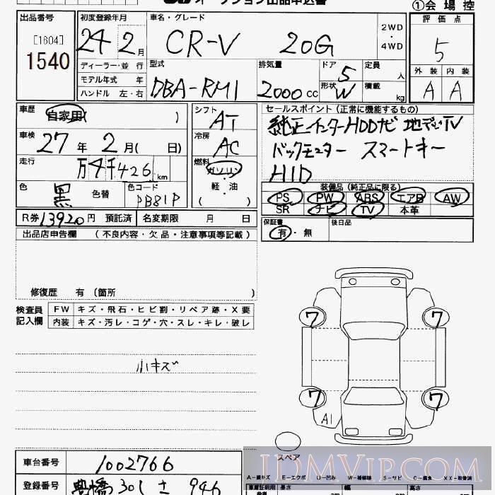 2012 HONDA CR-V 20G RM1 - 1540 - JU Saitama