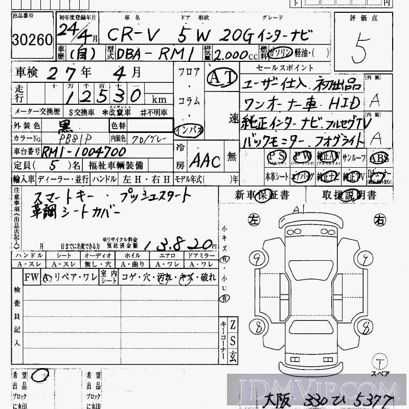 2012 HONDA CR-V 20G_ RM1 - 30260 - HAA Kobe