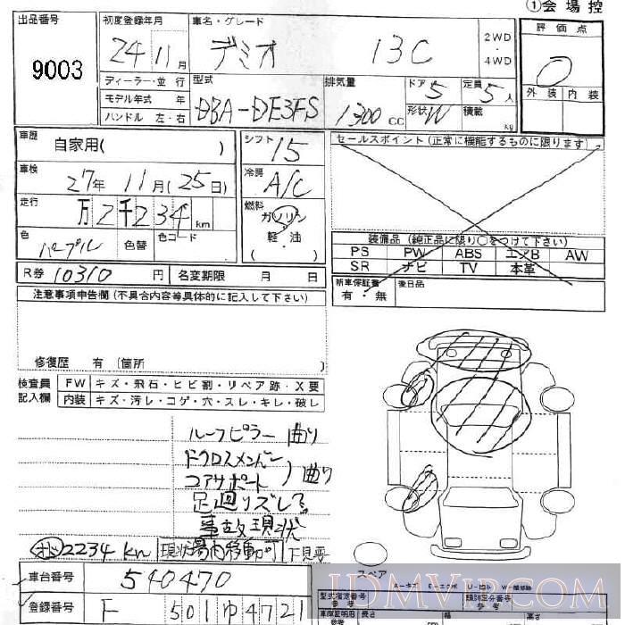 2012 MAZDA DEMIO 13C DE3FS - 9003 - JU Fukushima
