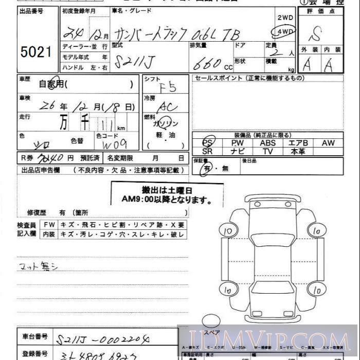2012 SUBARU SAMBAR 4WD_TB S211J - 5021 - JU Ibaraki