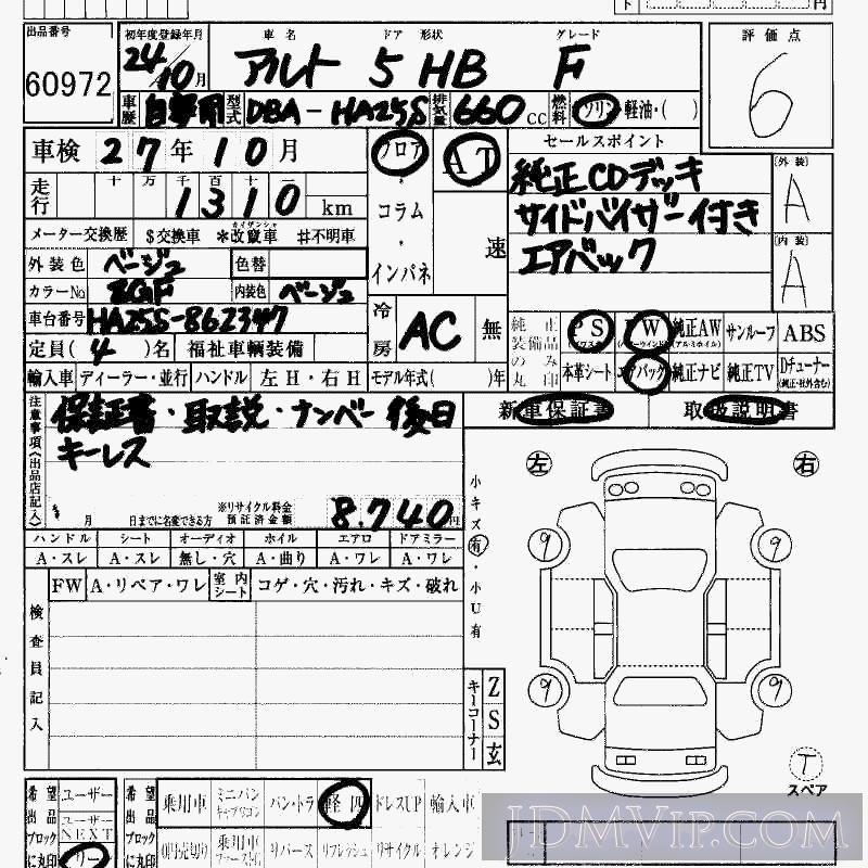 2012 SUZUKI ALTO F HA25S - 60972 - HAA Kobe