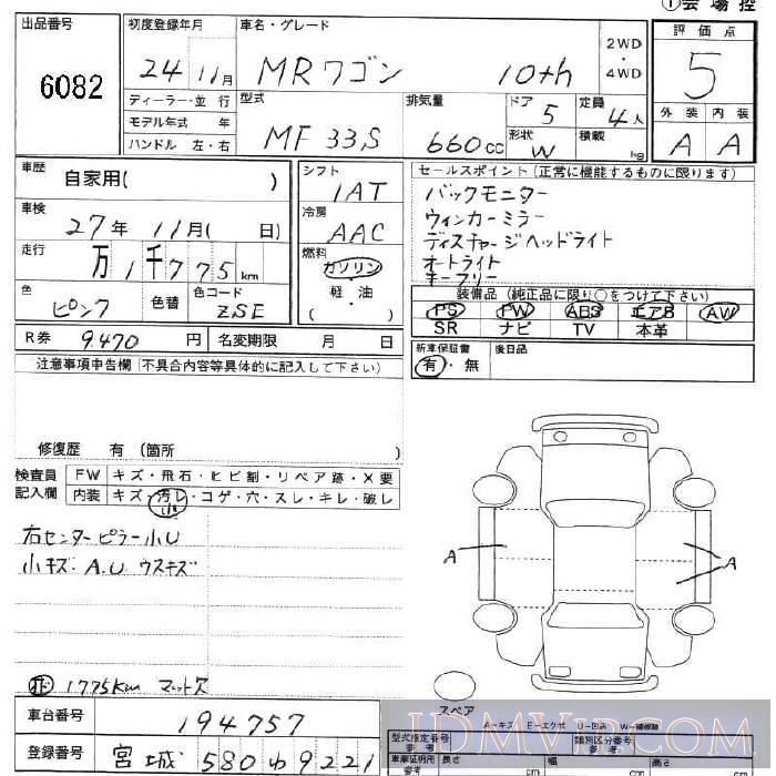2012 SUZUKI MR WAGON 10TH__ MF33S - 6082 - JU Fukushima
