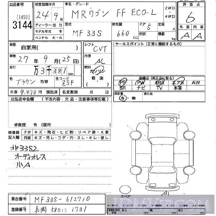 2012 SUZUKI MR WAGON L MF33S - 3144 - JU Niigata