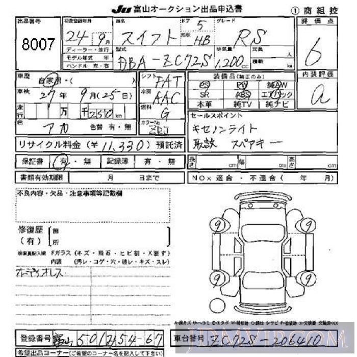 2012 SUZUKI SWIFT RS ZC72S - 8007 - JU Toyama