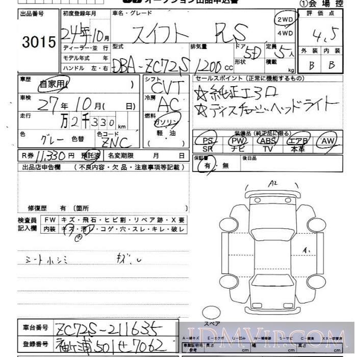 2012 SUZUKI SWIFT RS ZC72S - 3015 - JU Chiba