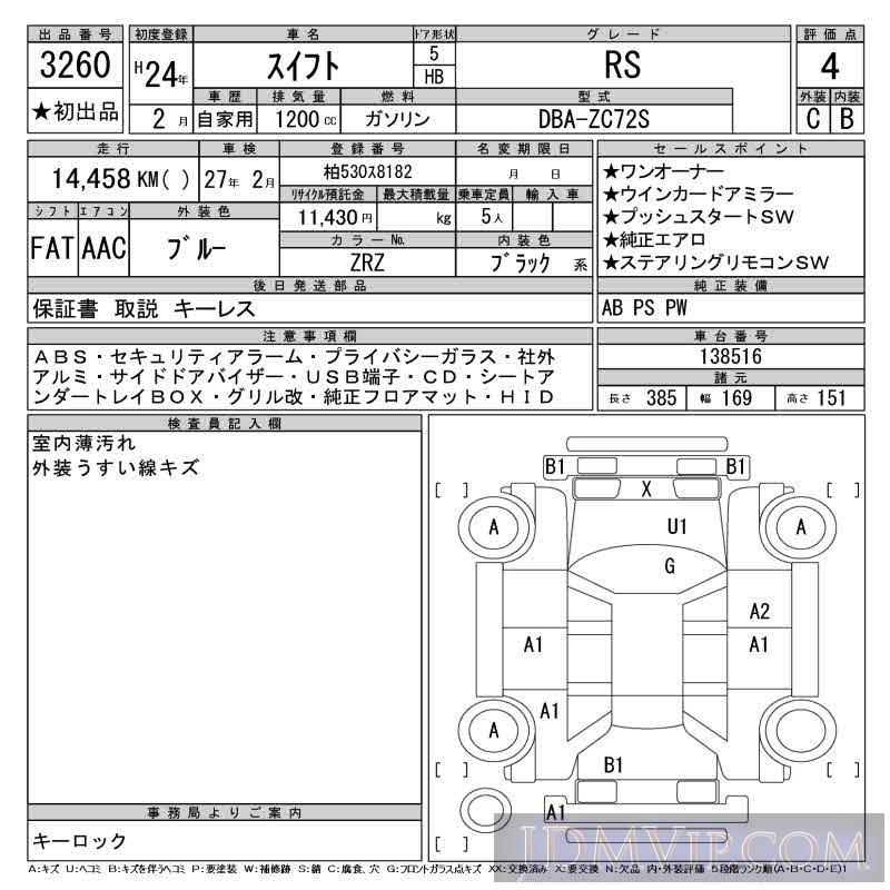 2012 SUZUKI SWIFT RS ZC72S - 3260 - CAA Tokyo