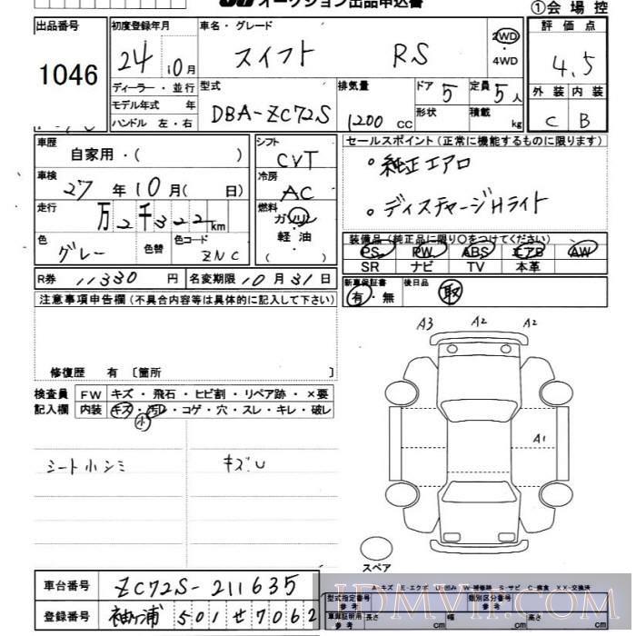2012 SUZUKI SWIFT RS ZC72S - 1046 - JU Chiba