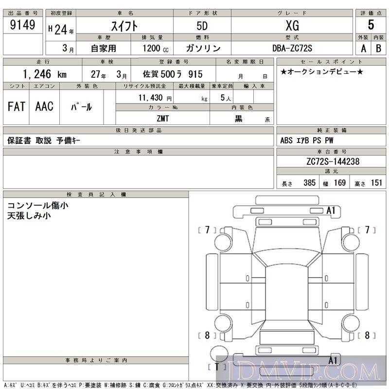 2012 SUZUKI SWIFT XG ZC72S - 9149 - TAA Kyushu