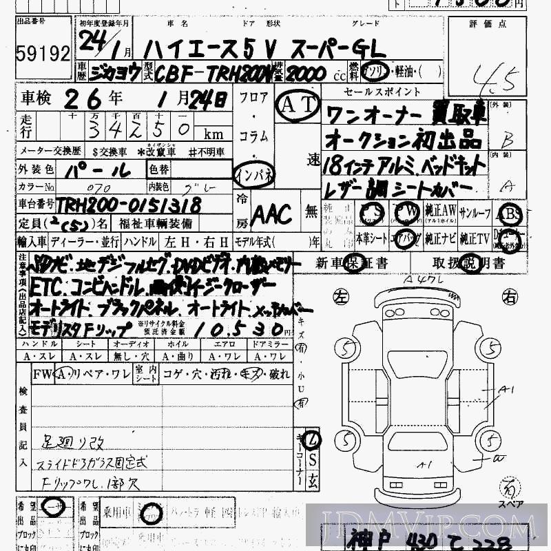 2012 TOYOTA HIACE VAN GL TRH200V - 59192 - HAA Kobe