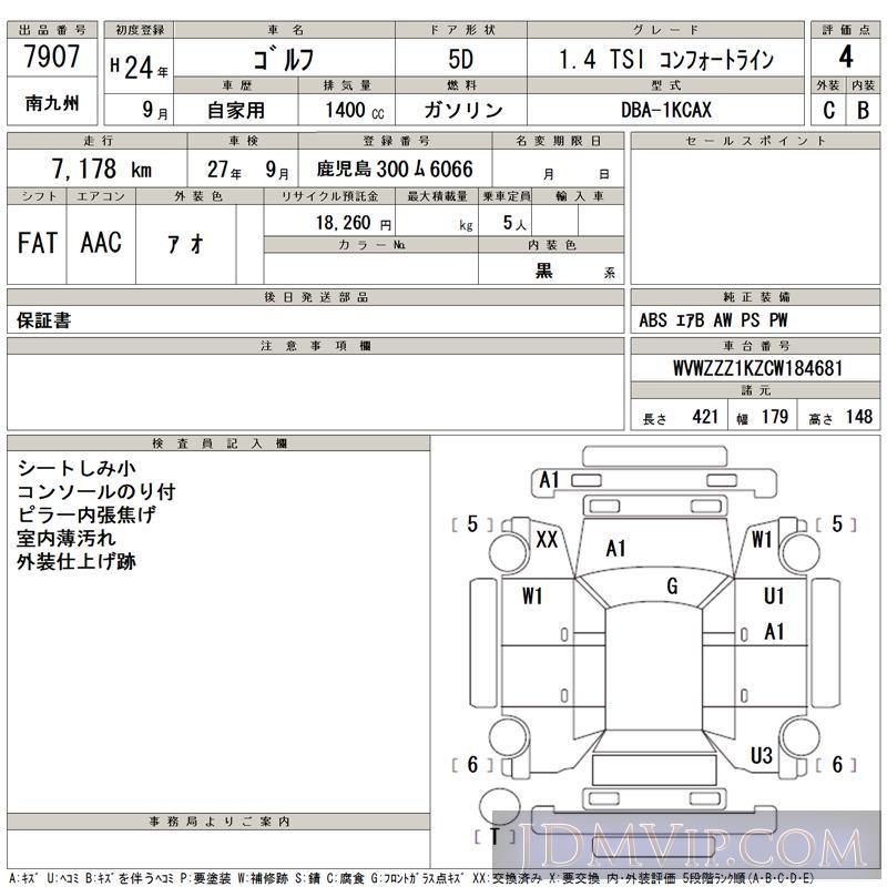 2012 VOLKSWAGEN GOLF 1.4_TSI_ 1KCAX - 7907 - TAA Minami Kyushu