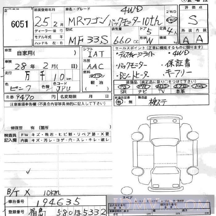 2013 SUZUKI MR WAGON 10TH_ MF33S - 6051 - JU Fukushima