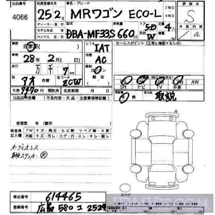 2013 SUZUKI MR WAGON ECO-L MF33S - 4066 - JU Hiroshima